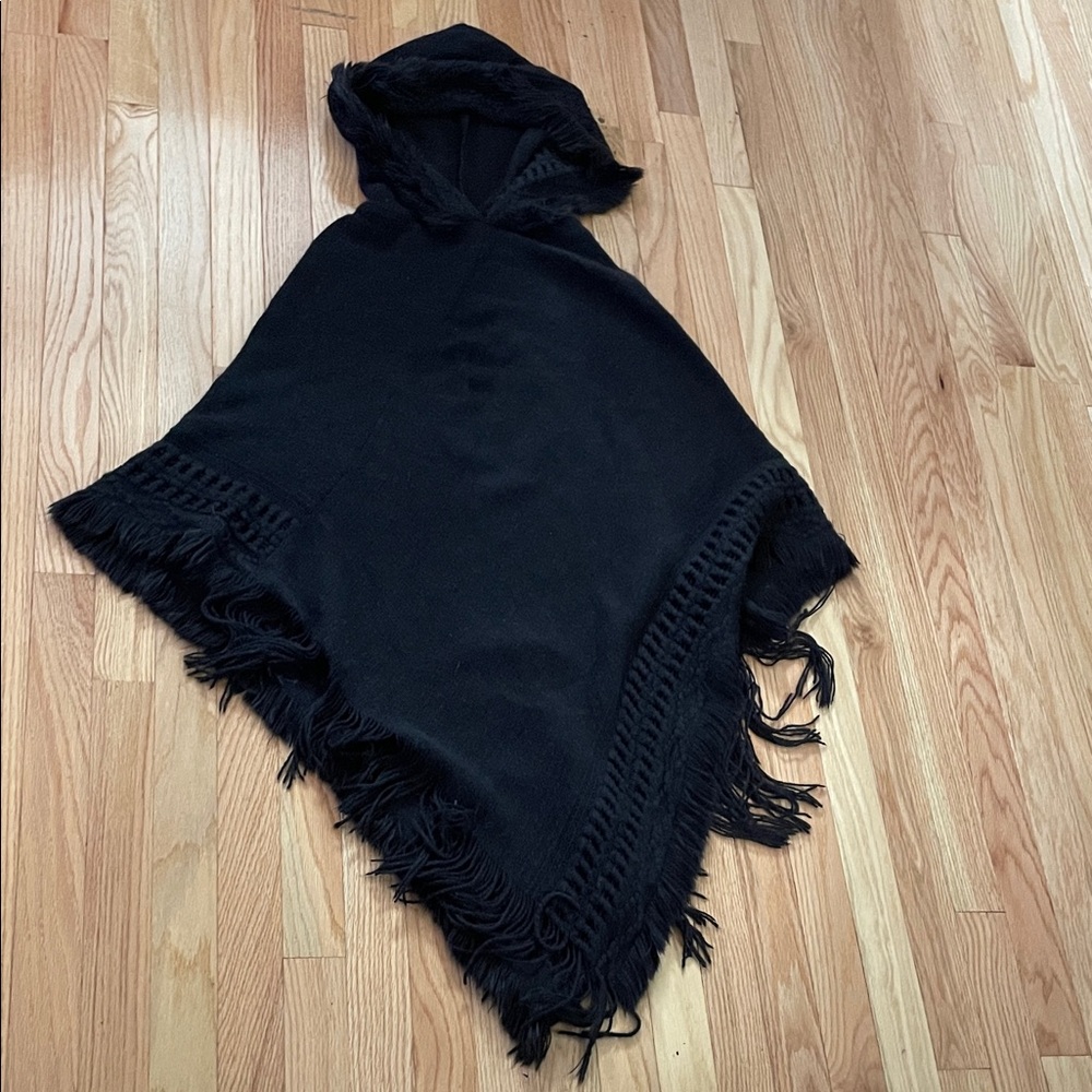 Black Hooded Poncho with Fringe